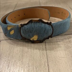 Blue Haircalf Belt with Gold Accent Buckle